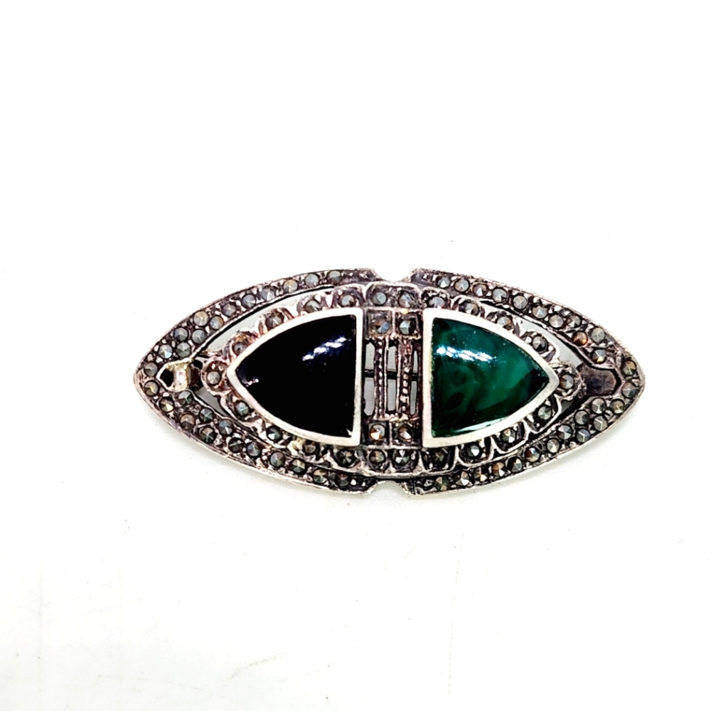 Art Deco Vintage Sterling Silver Marcasite W Malachite Onyx Inlay Brooch Pin